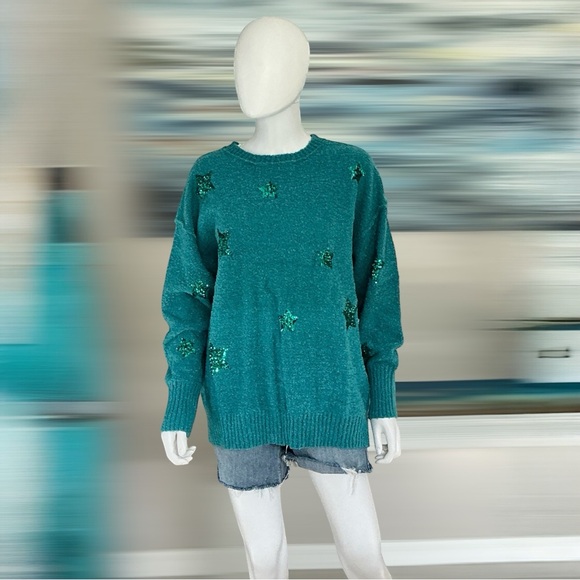 PEACH LOVE CALIFORNIA ever so soft sequin star teal sweater S M L - Picture 7 of 10